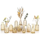 UPBUD Amber Glass Bud Vases Set of 12, Gold Mini Flower Vase for Centerpieces, Small Vases in Bulk for Wedding Decorations, Vintage Vase for Table, Recepetion, Home Décor