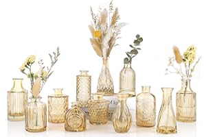 UPBUD Amber Glass Bud Vases Set of 12, Gold Mini Flower Vase for Centerpieces, Small Vases in Bulk for Wedding Decorations, Vintage Vase for Table, Recepetion, Home Décor