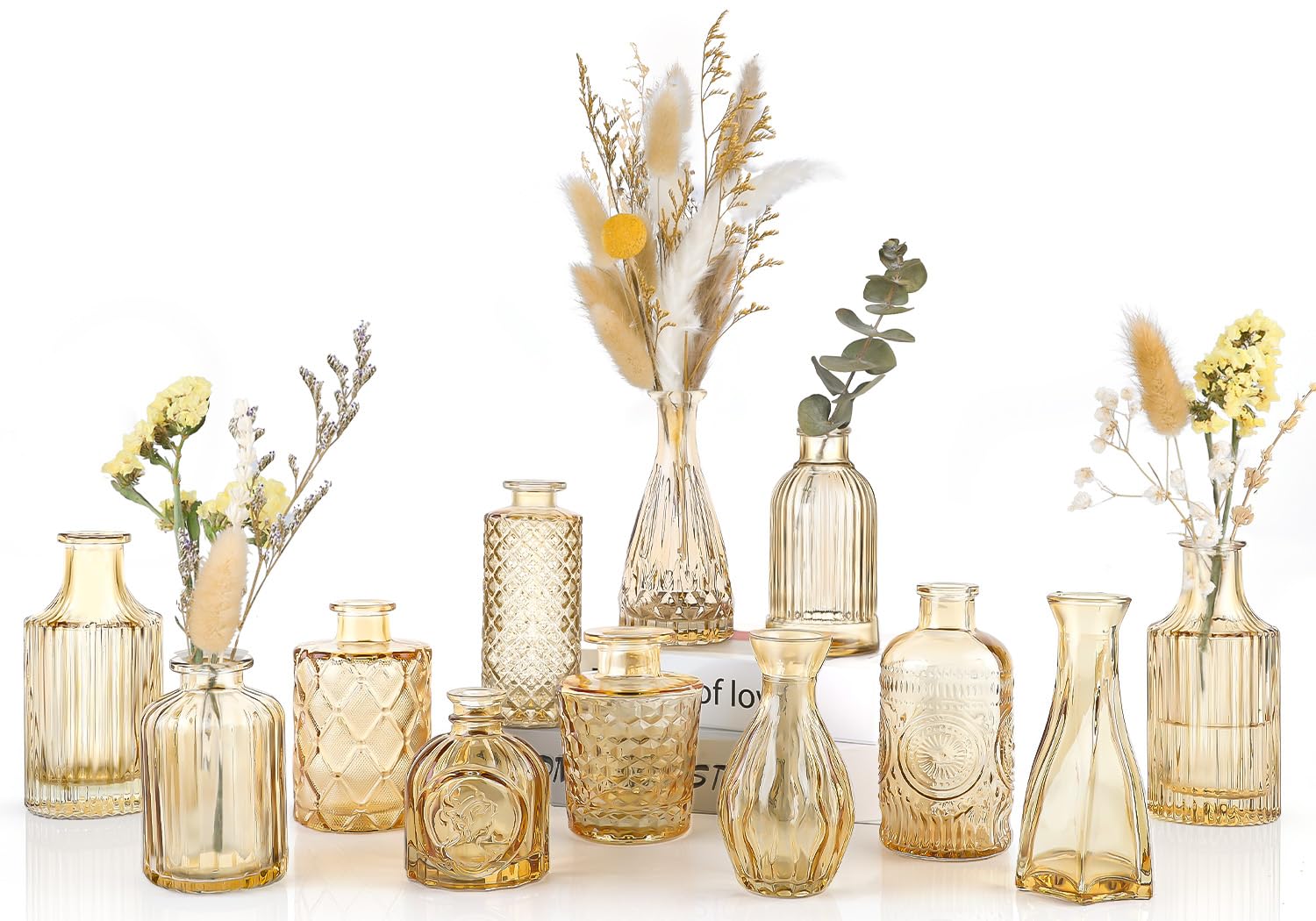 Photo 1 of UPBUD Amber Glass Bud Vases Set of 12, Gold Mini Flower Vase for Centerpieces, Small Vases in Bulk for Wedding Decorations, Vintage Vase for Table, Recepetion, Home Décor