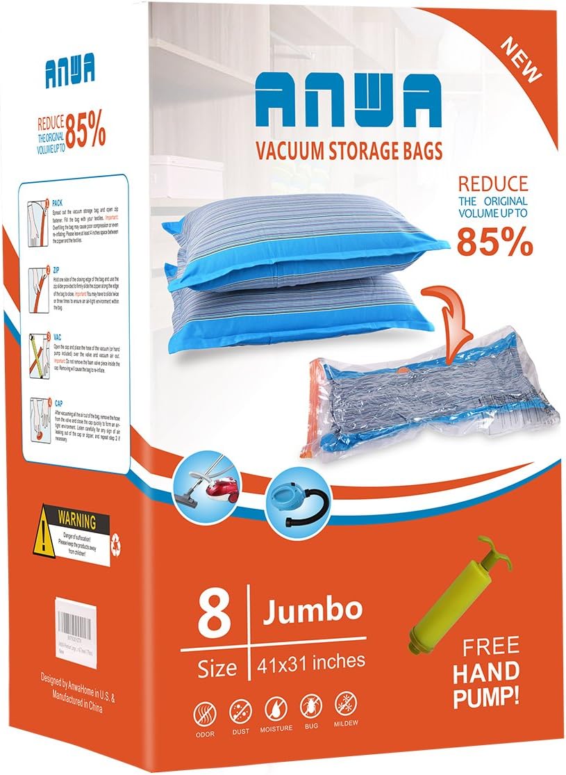 Vacuum Storage Bags ANWA Premium Jumbo Space Saver Bags Double-Zip Seal & Triple Seal Turbo Valve Compression Up to 85%! (8 Pack,41 x 31 Inches)