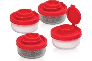 SIGNORA WARE SIGNORAWARE Salt and Pepper Shakers Moisture Proof Set of 4 Small Mini Salt Shaker to go Camping Picnic Outdoors Kitchen Lunch Boxes Travel Spice Set Clear with Red Covers Plastic Airtight Dispenser