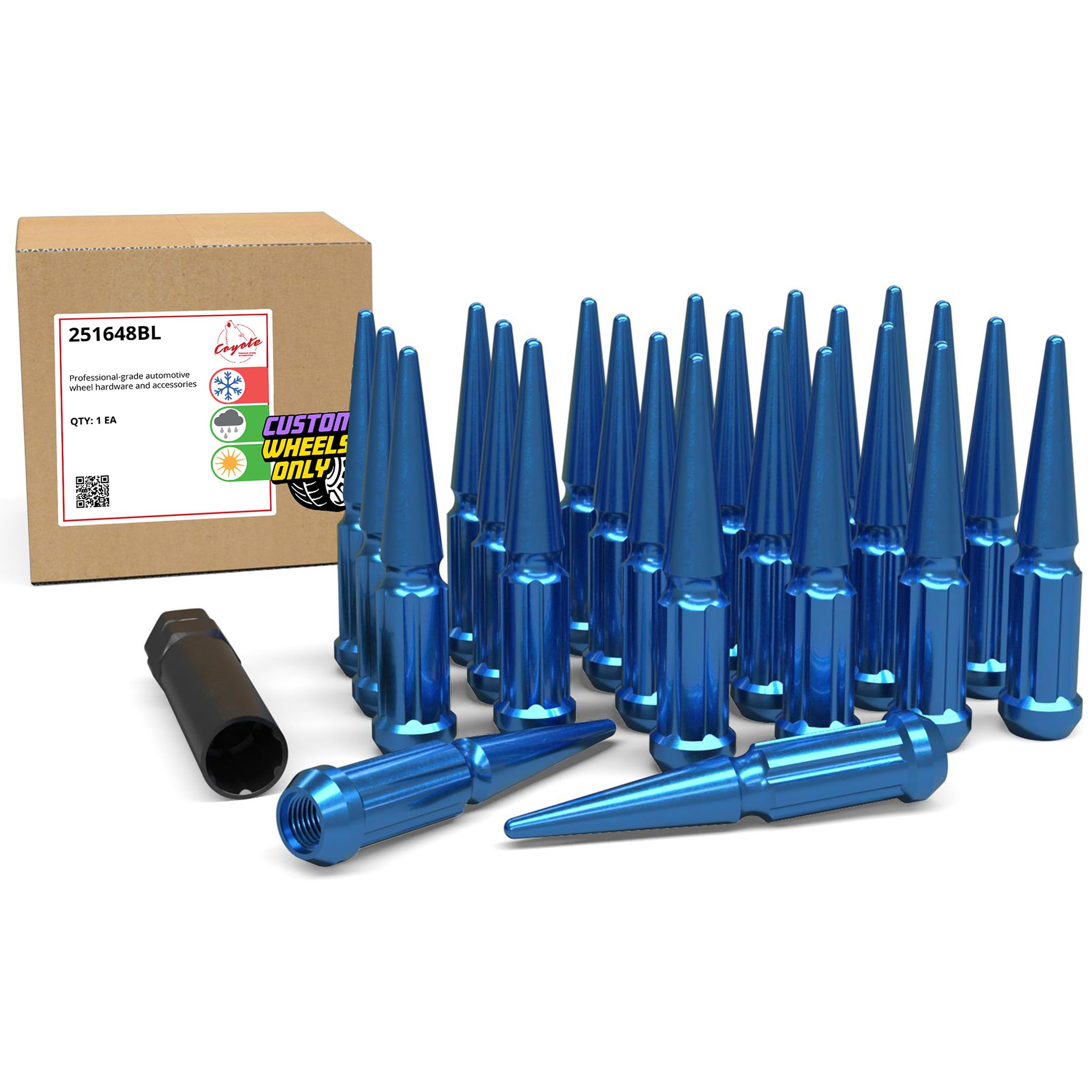 Wheel Accessories Parts 24 Pcs M14x1.5 14x1.5 Thread Spiked 4.4" Long Lug Nuts Blue Truck Spline Hex Fits Chevy Silverado GMC Sierra RAM 1500 Ford F150 Bronco (Raptor Only) Image