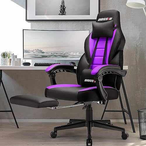 BOSSIN Purple Gaming Chair, Leather Computer Desk Chair with