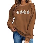 Halloween Sweatshirts for Women Halloween Pumpkin Face Long Sleeve Shirts Fall Pumpkin Pullover Tops Brown