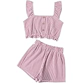 Ecolala Girl's Summer Clothing Sets Knit Ruffle Striped T-Shirt and Shorts 2 Piece Outfits