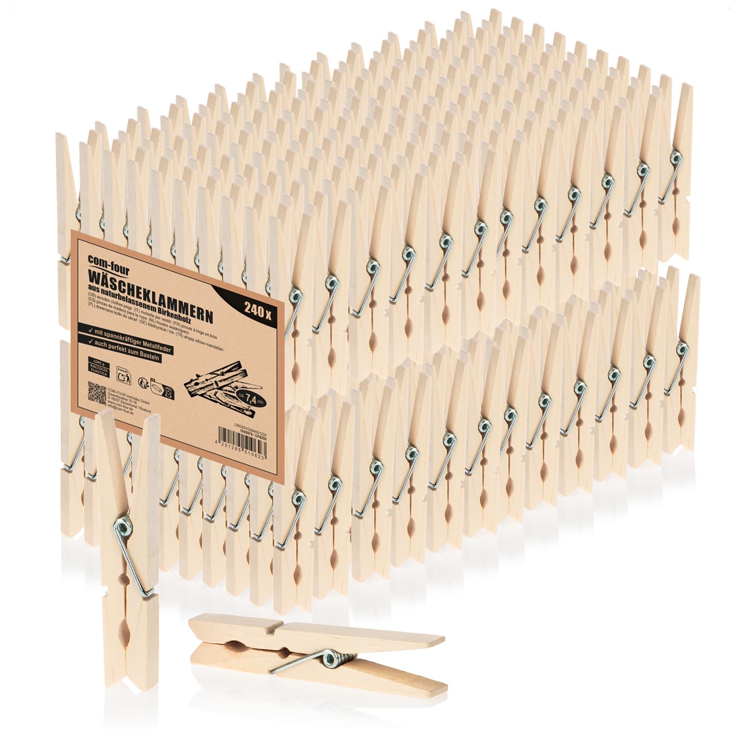 com-four® 240x wooden clothespins birch sustainable untreated, natural clips for laundry hanging and crafts (240 pieces - Birch)
