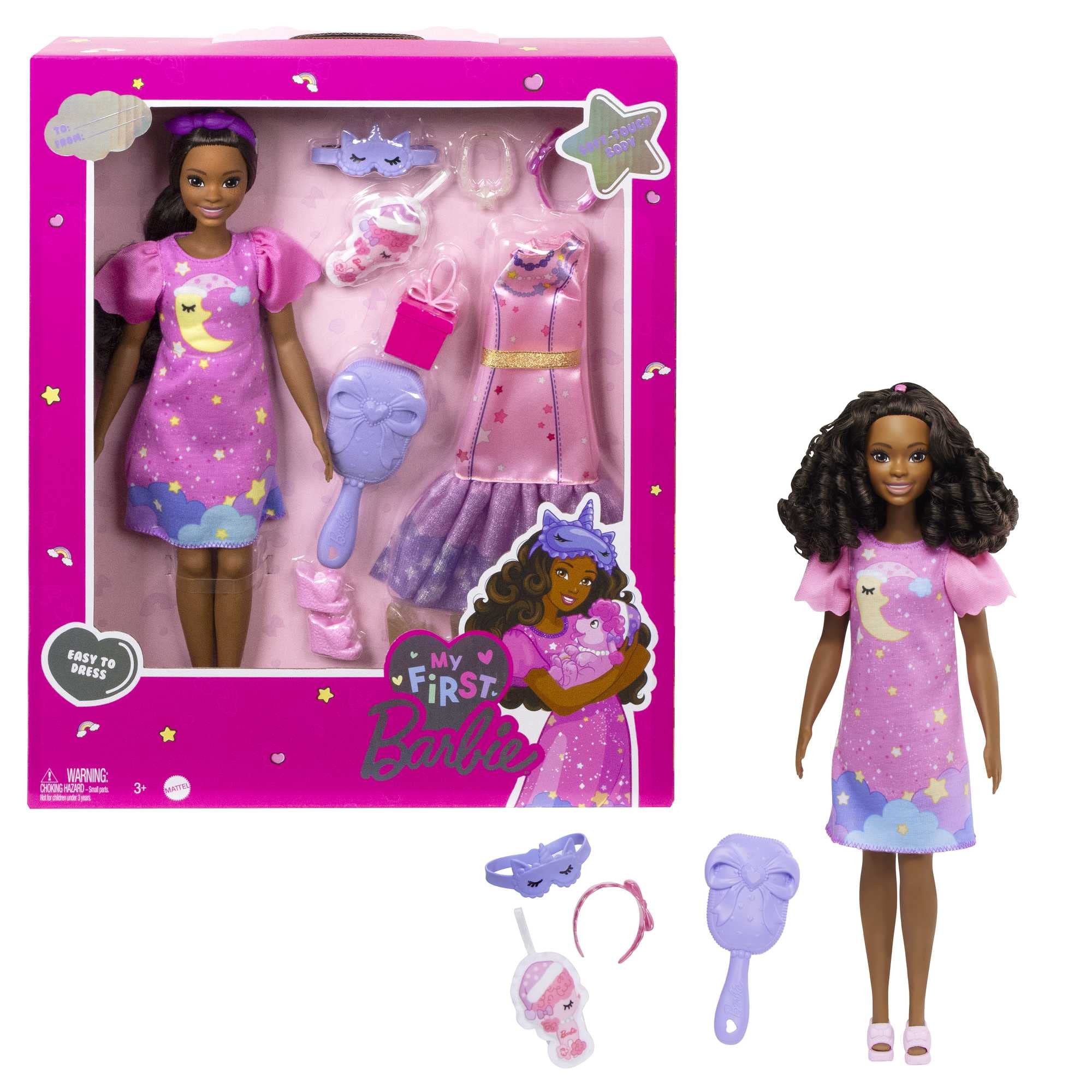Barbie Doll for Preschoolers, My First Barbie “Brooklyn” Deluxe Doll, 13.5 Inch doll, Black Hair, Accessories, Poseable Body, Party & Bedtime Themed Fashions, from 3 Years, HMM67