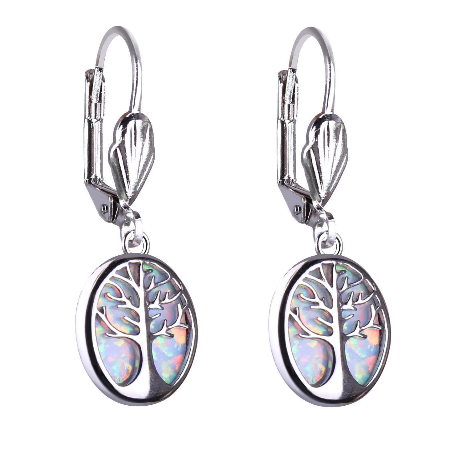 C.QUAN CHI Women 925 Sterling Silver Tree of Life Earrings Opal Drop Earring Handmade Dangle Earrings