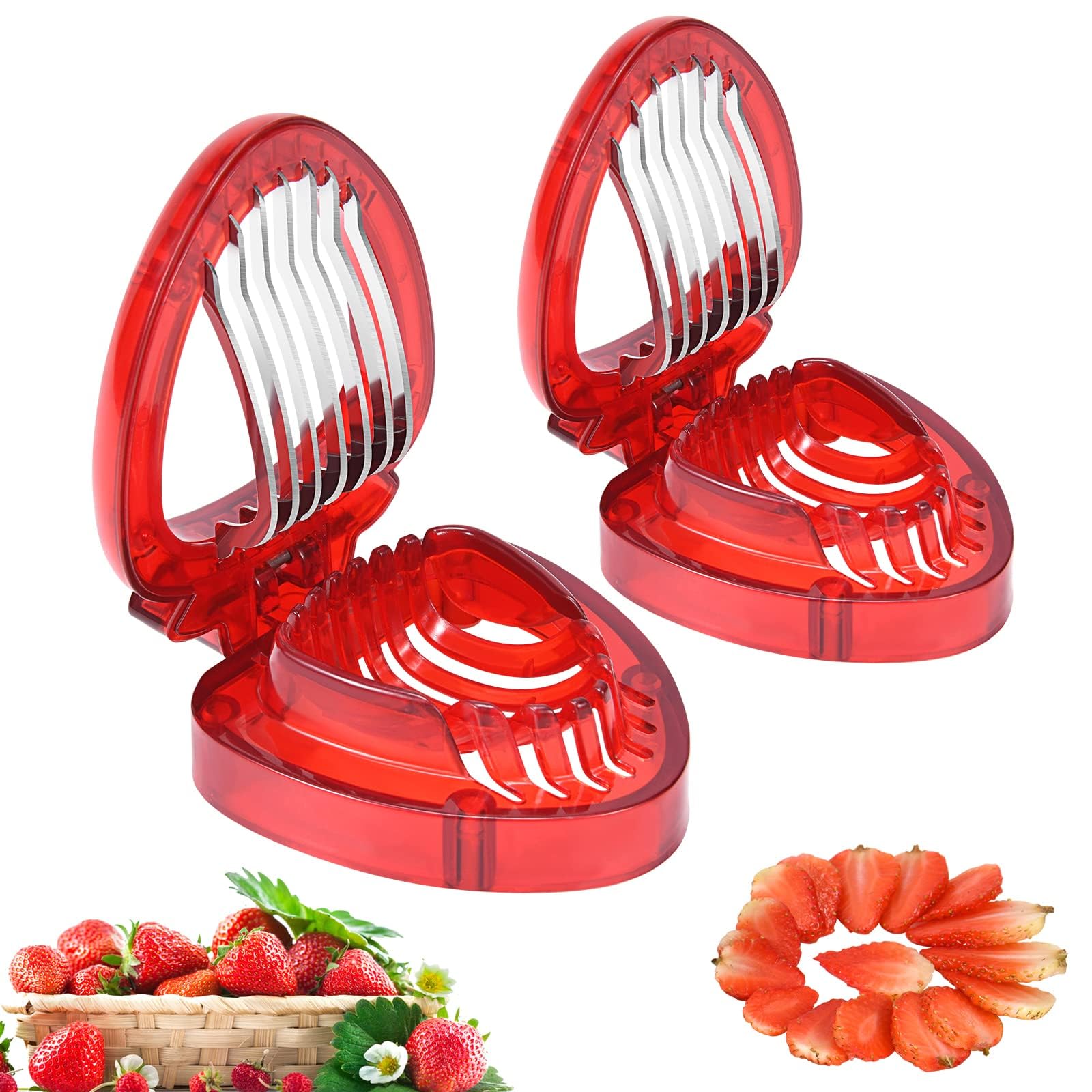 LIFVCNT Strawberry Slicer, 2pcs Fruit Cutter Set, Stainless Steel Blade, Red