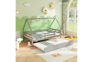 Giantex Twin House Bed with Trundle, Wood Kids Bed Frame with Roof & Fence Rails, Montessori Bed for Kids, Teens, Girls & Boy