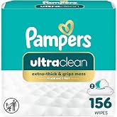 Pampers Ultraclean Baby Wipes, Unscented, Fragrance Free, Water Based, Hypoallergenic, Extra Thick &amp; Grips Mess, 100% Plant Based, 156 Wipes Total (2X Flip-Top Packs)