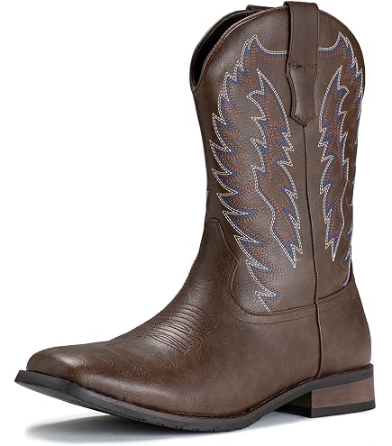 Men\'s Flag Brown Faux Leather Slip on Square Toe with Classic Embroidered Boots Men main image 2