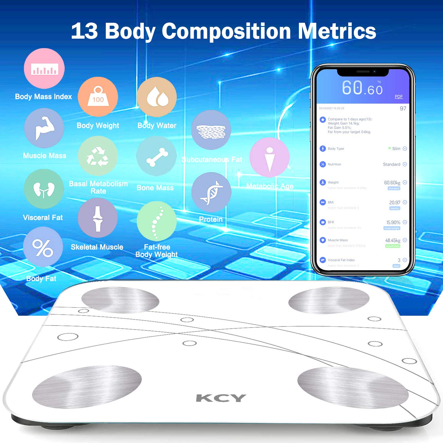 KCY Bluetooth Body Fat Scale,Smart Wireless Bathroom Scale for Body Weight,LED Digital Weighing Percentage Scale,BMI,BMR 15 Key Body Composition Monitor Health Analyzer with Smartphone App Sync,White: Industrial & Scientific