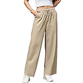 Bsubseach Womens Casual Pants Wide Leg Pants Elastic Waist Slacks with Pockets Lounge Fall Outfits Khaki XXL