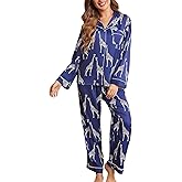 Brosloth Women's Silk Satin Pajamas Pjs Sets Cute Lace Pattern Two Piece Loungewear Set Button Up Pajamas Sleepwear Black