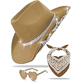 JICASTO Cowboy Hat for Women Men 6 Sparkly Stars Brim & Rhinestone Belt Western Cowgirl Hat with Sunglasses Bandanas
