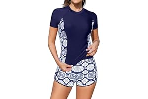 SHEKINI Women's Short Sleeve Rash Guard 2 Pieces Swimsuit Shirt UPF50+ with Board Shorts