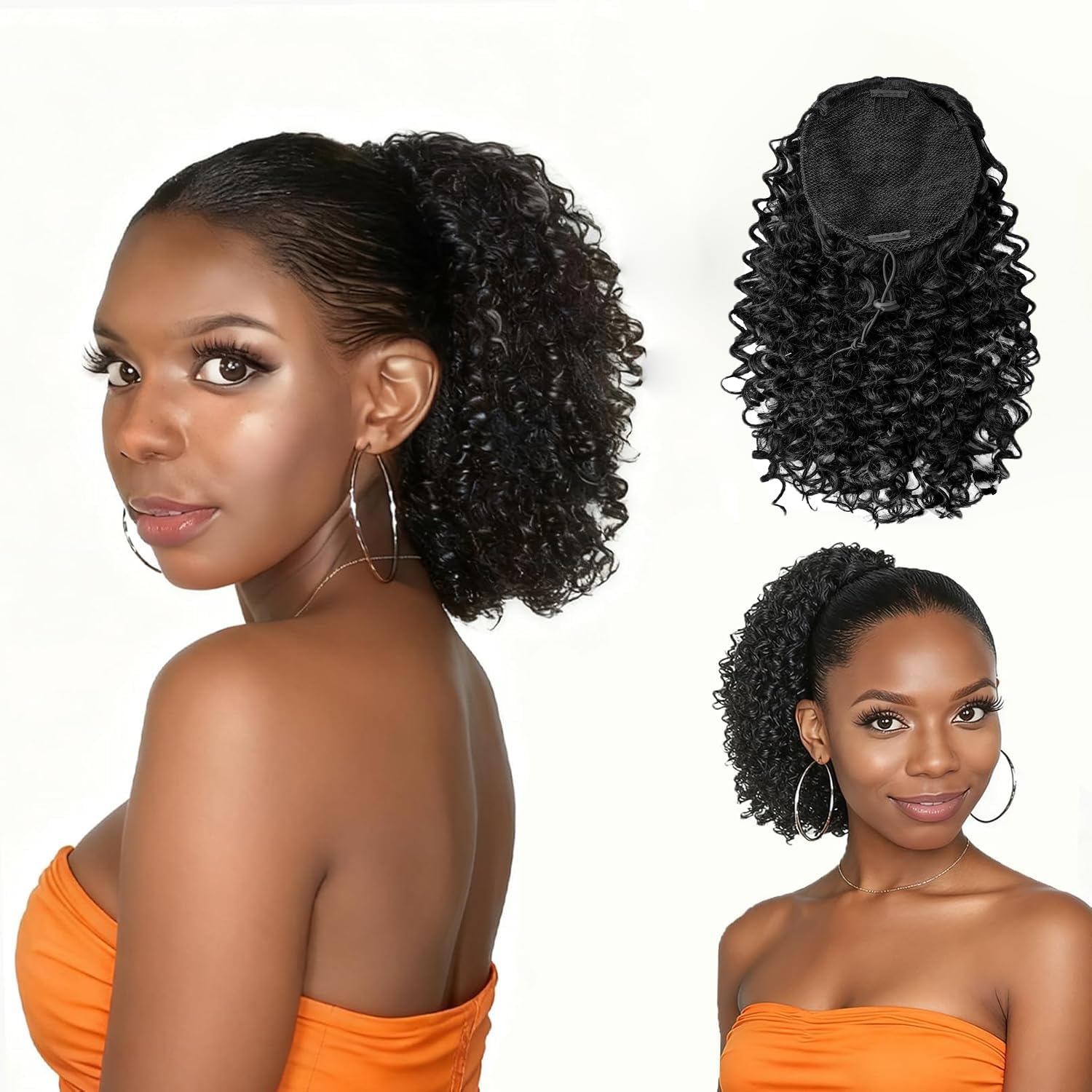 Photo 1 of 10 Inch Kinky Curly Drawstring Ponytail Extension for Black Women - Human Hair Feel, Natural Texture, Easy to Wear, Adjustable Drawstring, Heat Resistant Hair Extensions Ponytail