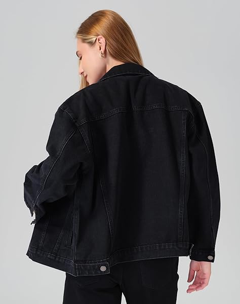 ROSWEAR WOMEN’S DENIM JACKETS OVERSIZED BUTTON LONG SLEEVE WASHED JEAN TRUCKER JACKET WITH POCKETS BLACK X-LARGE