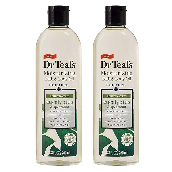 DR. TEALS BATH & BODY OIL GIFT SET (2 PACK, 8.8OZ EA.) – REJUVENATING EUCALYPTUS & SPEARMINT BLENDED WITH PURE EPSOM SALT – ESSENTIAL OILS HYDRATE SKIN & ALLEVIATES DAILY STRESS AT HOME