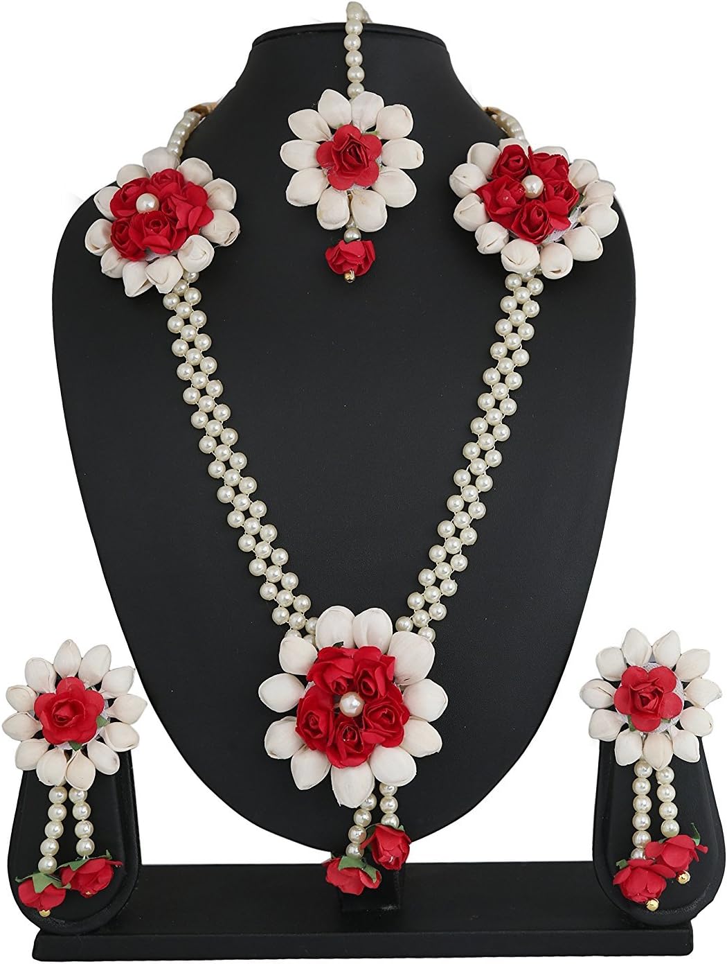 The Peacock Studio Red Fabric Rose Motipatti Jewellery Set For Women