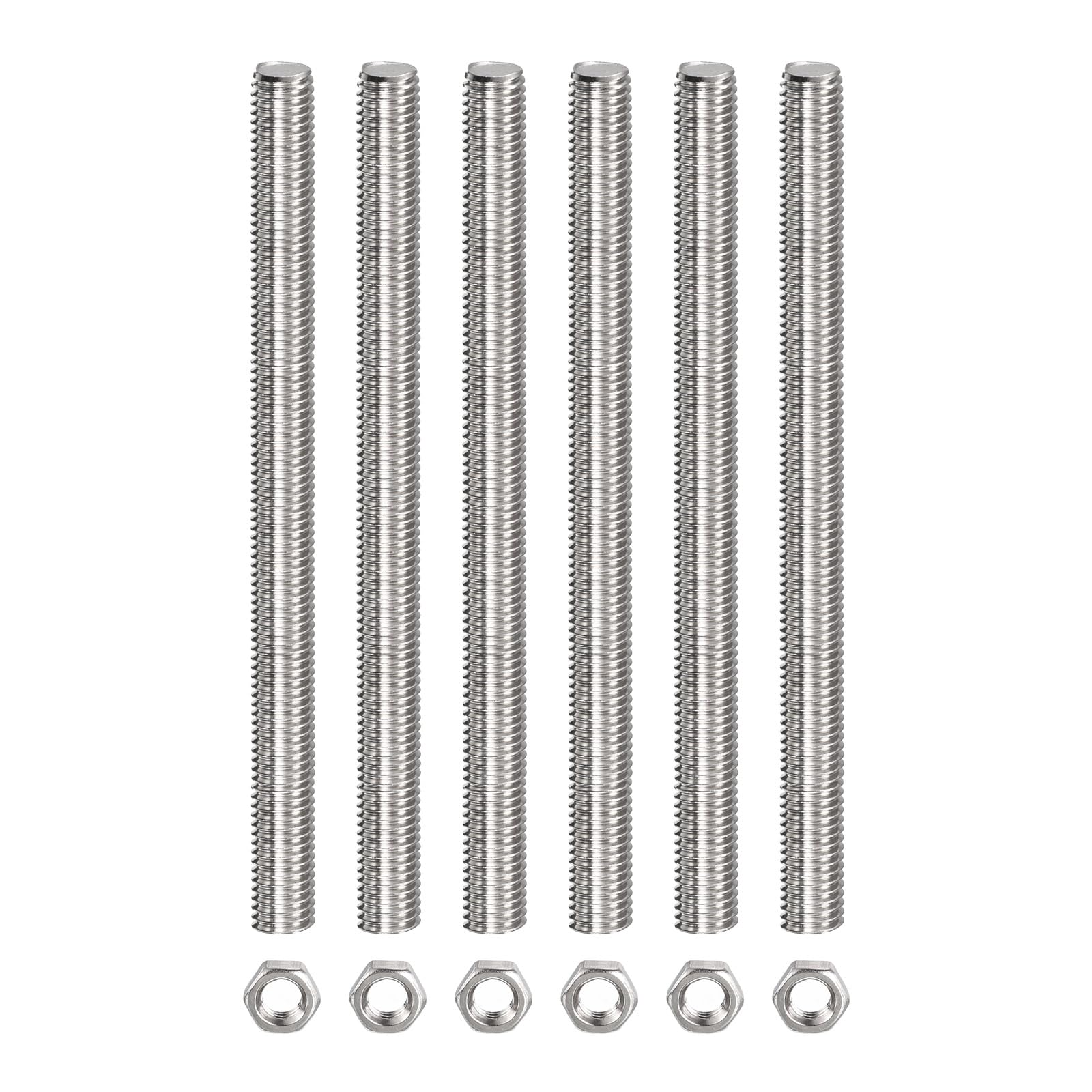 Rebower Fully Threaded Rod (with 6 Pcs Hex Nuts),Stainless Steel Fully Threads Studs[for Assembly Fastening] - M12 x 250mm,1.75mm Pitch/ Silver/ 6 Pcs