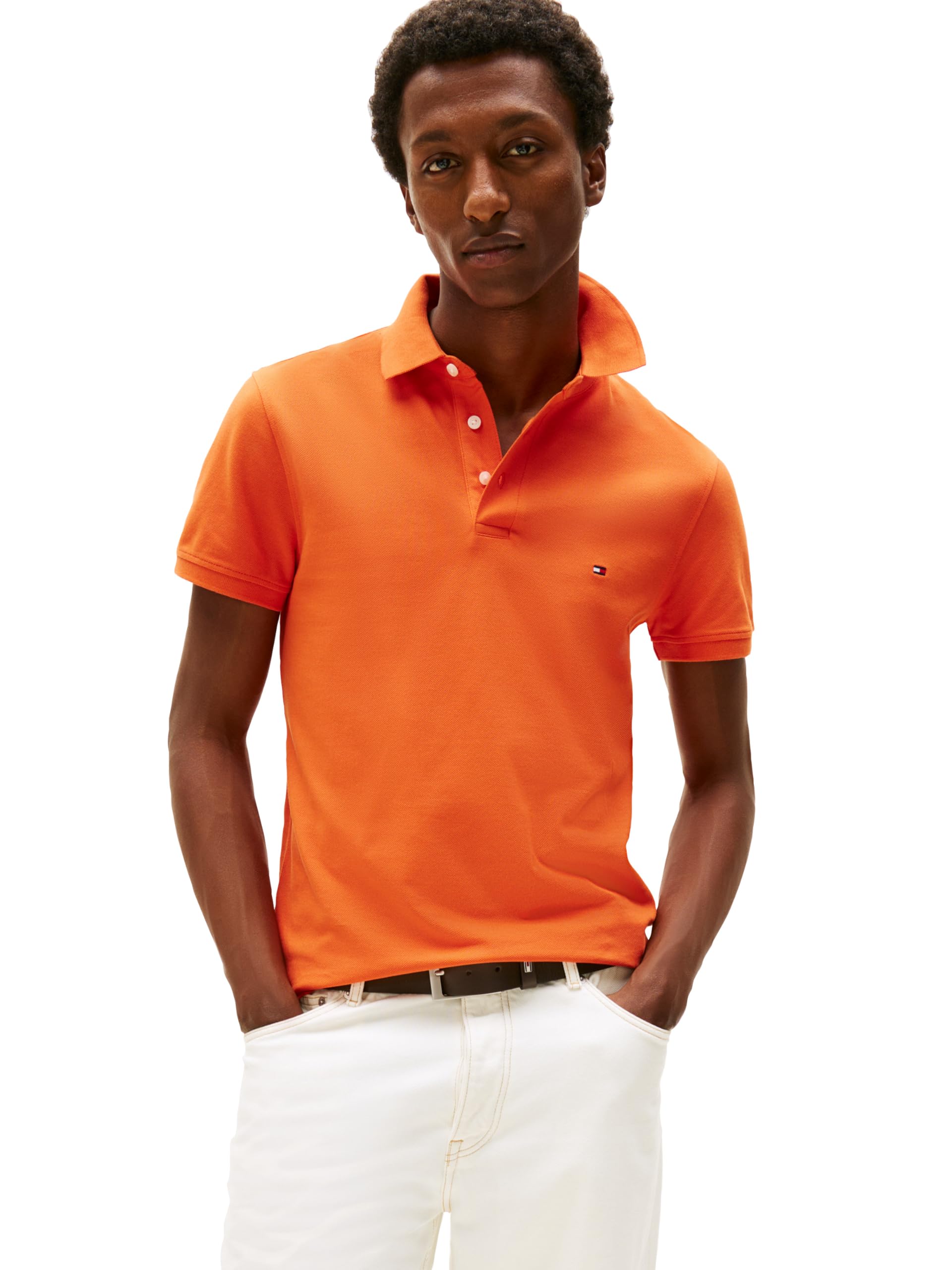 Tommy Hilfiger Men’s 1985 Slim Short Sleeve Polo, Brilliant Orange X-Small