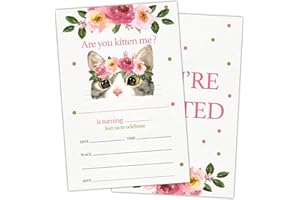 Floral Kitty Birthday Party Invite Card for Kid, Watercolor Cat Birthday Invitation for Girls Boys, Set of 20 Cards and 20 En