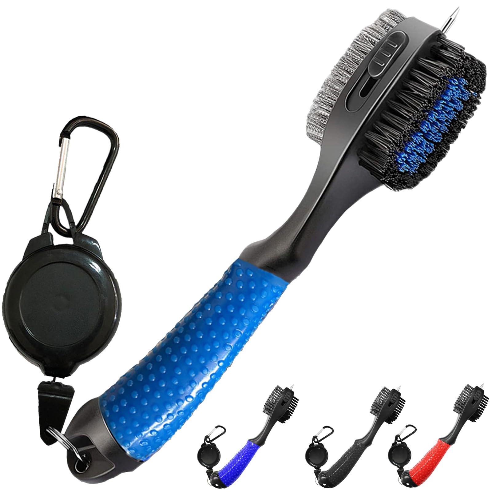FINGER TEN Golf Club Cleaner Brush Oversized Brush Head Double Sided Brush with Spike for Cleaning Club Groove Retractable Zip-Line Clip Easy to Use (Blue-Wiithout Matnetic Clip)