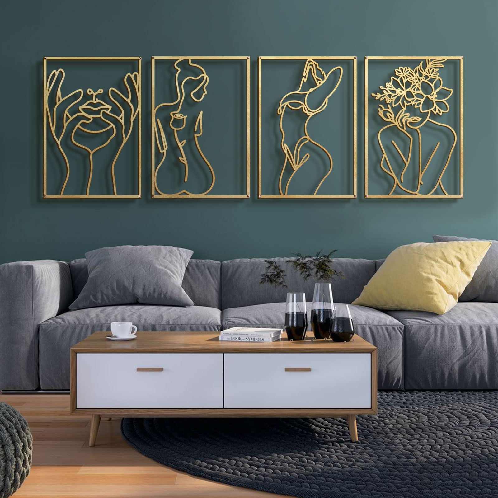 Photo 1 of Glamativity 4 Pack Gold Wall Art Decor, Minimalist Single Line Real Metal Wall Art, Woman's Body Shape Abstract Wall Art (Gold Classic Style, 17 x 11.8'')