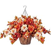 Artificial Fake Fall Hanging Flowers with Basket for Outdoors Decoration 3PCS Faux Fall Flowers for Outdoor Planters UV Resistant No Fade Silk Hibiscus for Home Porch Patio Garden Balcony Yard Decor