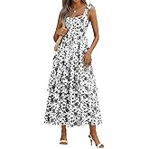 Wenrine Womens Summer Floral Maxi Dress Casual Tie Strap Sleeveless Ruffle Tiered Smocked Loose Boho Beach Dresses