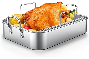 Roasting Pan, Deedro 17*13 Inch Stainless Steel Turkey Roaster with Rack - Deep Broiling Pan & V-shaped Rack & Flat Rack, Non-toxic & Heavy Duty, Great for Thanksgiving Christmas Roast Chicken Lasagna