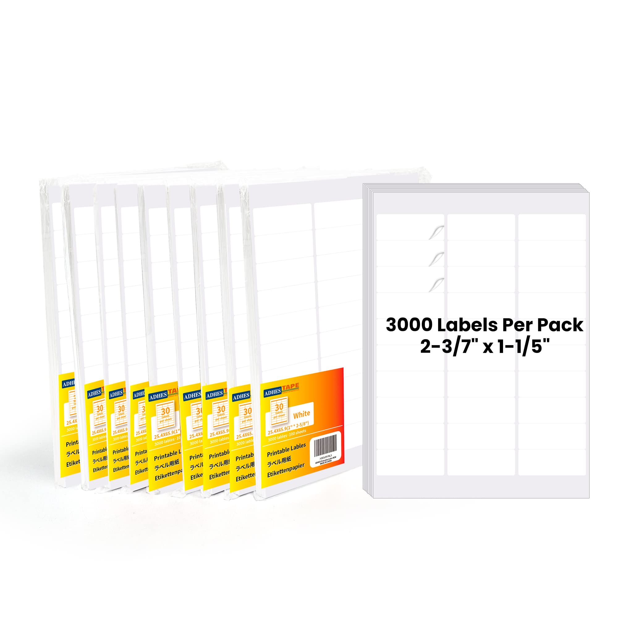 ADHES Printable Lables 1-2/5"x 2-3/5"(25.4mm*65.9mm) Direct Thermal Labels, 1000 Sheet Address Label for Printer, Compatible with Thermal Printer, Barcodes Labels, Per Sheet 30 Labels, 10Packs — image 1