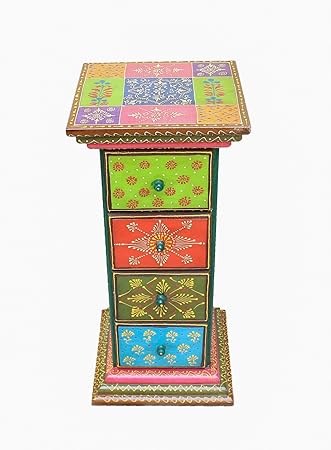 Crafticia Wooden Ethnic Chest of 4 Drawer Jewellery Organizer Desk Storage Cabinet Pillor Traditional Handmade Handicraft Gift Item Home Table Wall Decor Pink City Rajasthani Handicraft Showpiece