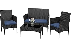 Kurapika Patio Furniture Set 4 Pieces Outdoor Wicker Rattan Chairs Conversation Sets w/Coffee Table, Rocking Bistro Set, for Deck,Patio,Backyard,Lawn (Navy Blue)