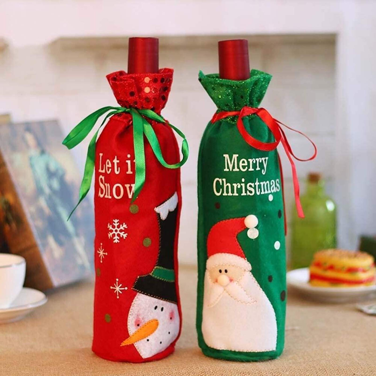 MSQ 2 Pieces Christmas Wine Bottle Gift Bags Xmas Bags Santa Claus Snowman Red Wine Bottle Covers Bags Drawstring Xmas Gift Bags Pouch Gift Wrap for Christmas Party Festival Dinner Party Table Decor