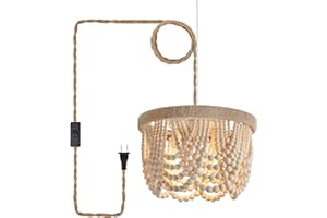 AMZASA Plug in Chandelier Boho Woven Hemp Rope Wooden Beaded Farmhosue Hanging Pendant Light Fixture with 14.8FT Cord On/Off Switch 3 Lights for Nursery Bedroom Living Room Dining Room UL Listed