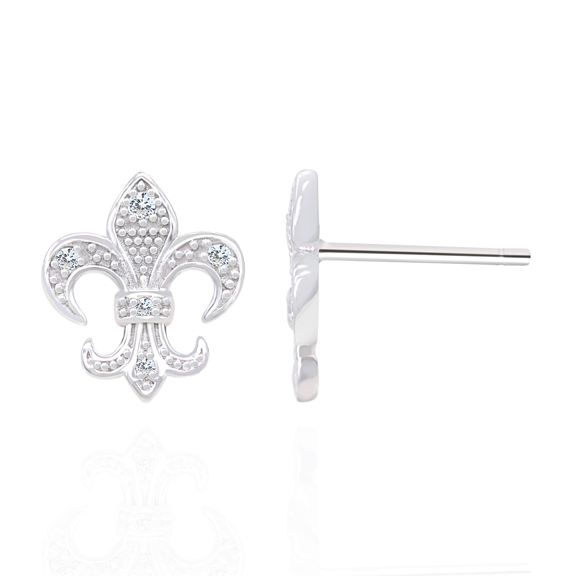 Spoil Cupid Rhodium Plated Sterling Silver Cubic Zirconia the Fleur De Lis Lily Flower Stud Earrings