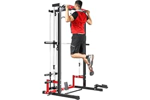 Soozier Power Cage Smith Machine, Multi-Function Power Rack with LAT Pull Down System, Squat Rack, Pull Up Bar, Barbell Bar, 