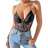 GIYKBX Women's Sexy Sheer Lace Deep V-Neck Lace-Up Halter Tops Bodysuit Sleeveless Going Out Club Cami Top