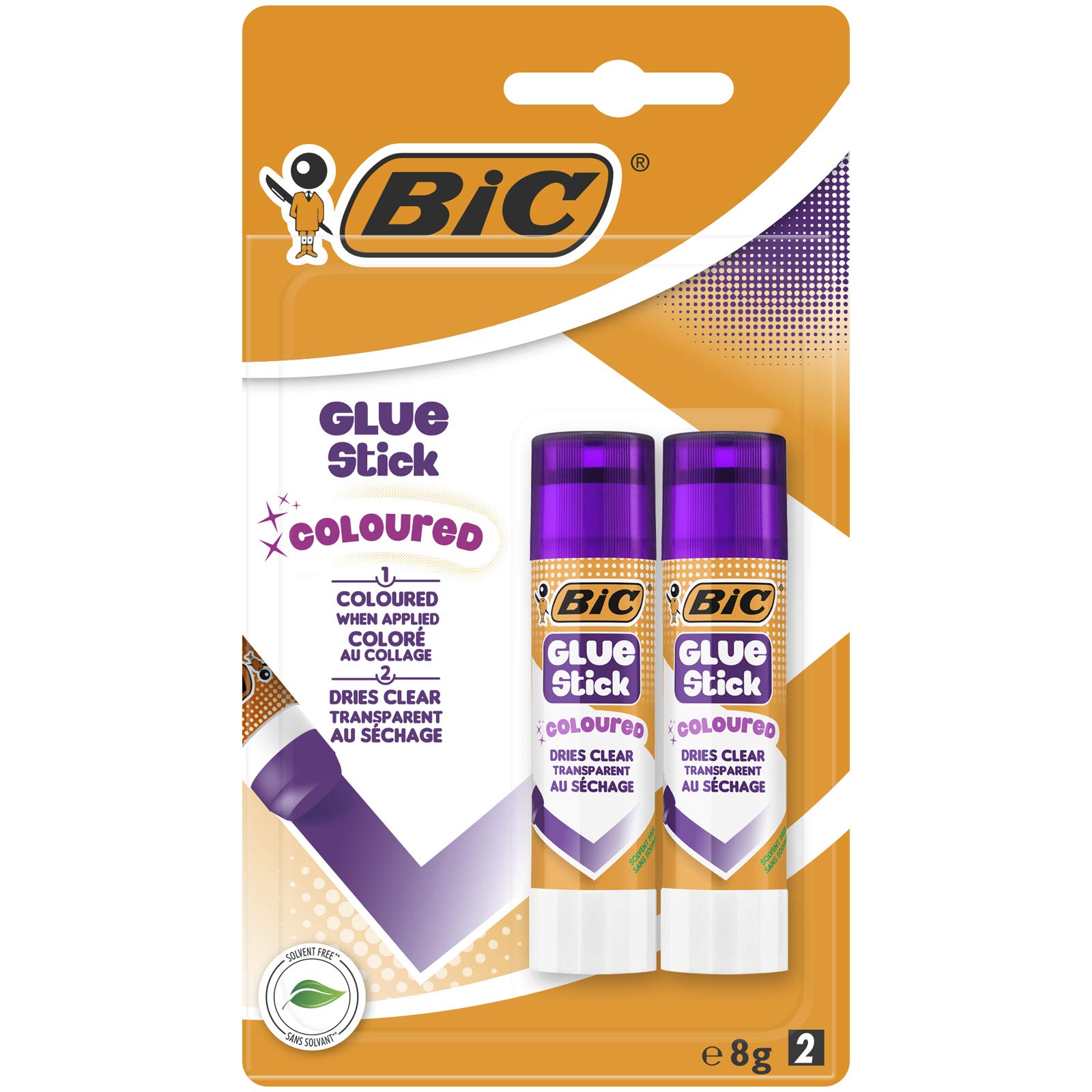 BIC Coloured Glue Stick - Pack of 2 - Purple Glue (Dries Clear) - Washable from hands and clothing - Solvent-Free, 8 g each