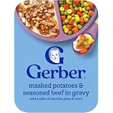 Gerber Toddler Mashed Potato and Beef in Gravy with Veggies, 8 Pack | Toddler mealtime tray; mashed potato and ground beef in gravy; carrots and peas; 8 x 6.67 oz