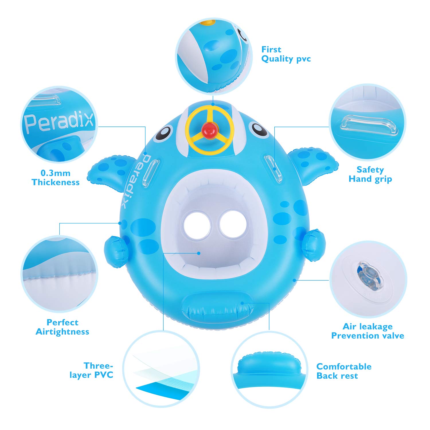 Peradix Piscina Salvagente per Bambini con Tettuccio Parasole Mutandina e Patch di Riparazione Baby Nuoto Anello Salvagente Regolabile Barca Gonfiabile Anello(Balena Blu)