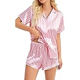 Brezzistaxs Women's Satin Pajama Set, Striped Silky PJs with Ruffled Shorts, Adjustable Drawstring Waist, Classic Loungewear
