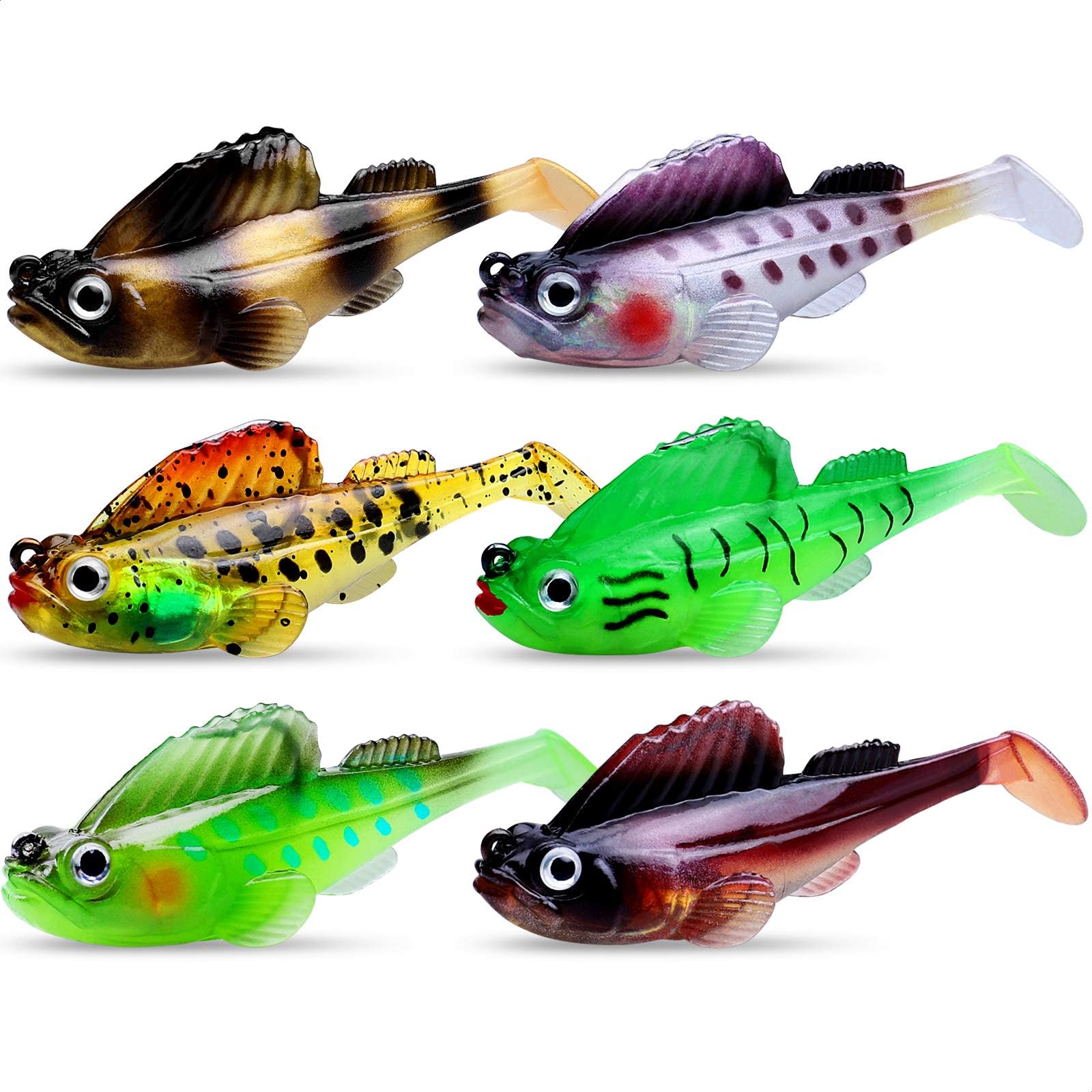GOTOUR Soft Fishing Lures, Grub Curly-Tail Crappie Walleye Fishing Jigs Lure, Weedless Paddle Tail Swimbait for Bass, Bass Fishing Lure with Spoon, Fishing Bait for Freshwater and Saltwater, Bass jigs