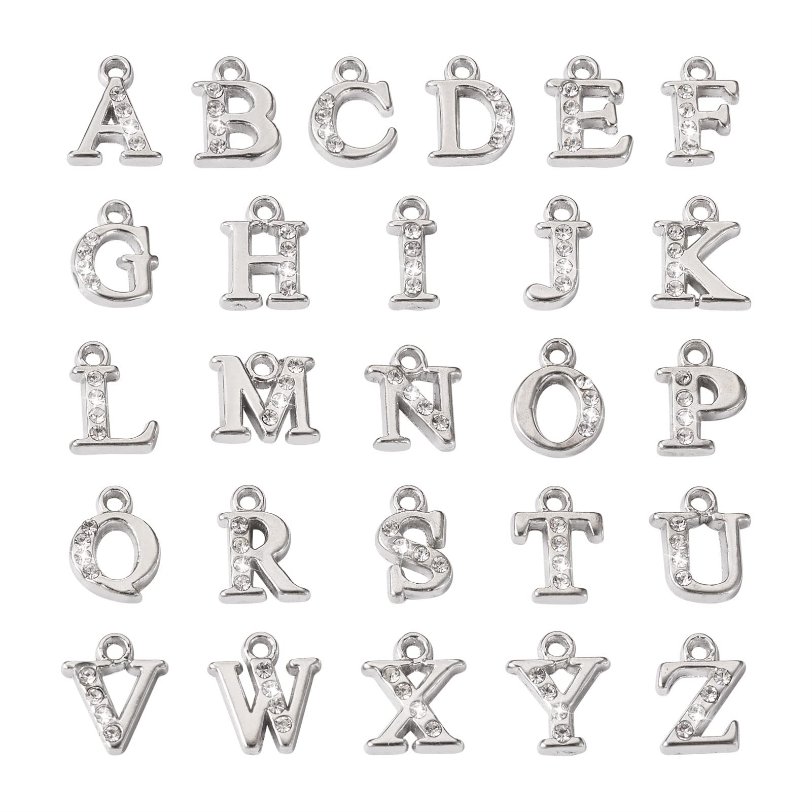 PandaHall 26pcs Alloy Rhinestone Alphabet Charms Pendant Platinum Plated A-Z Letter Charms Initial Beads for DIY Necklace Bracelet Jewelry Making