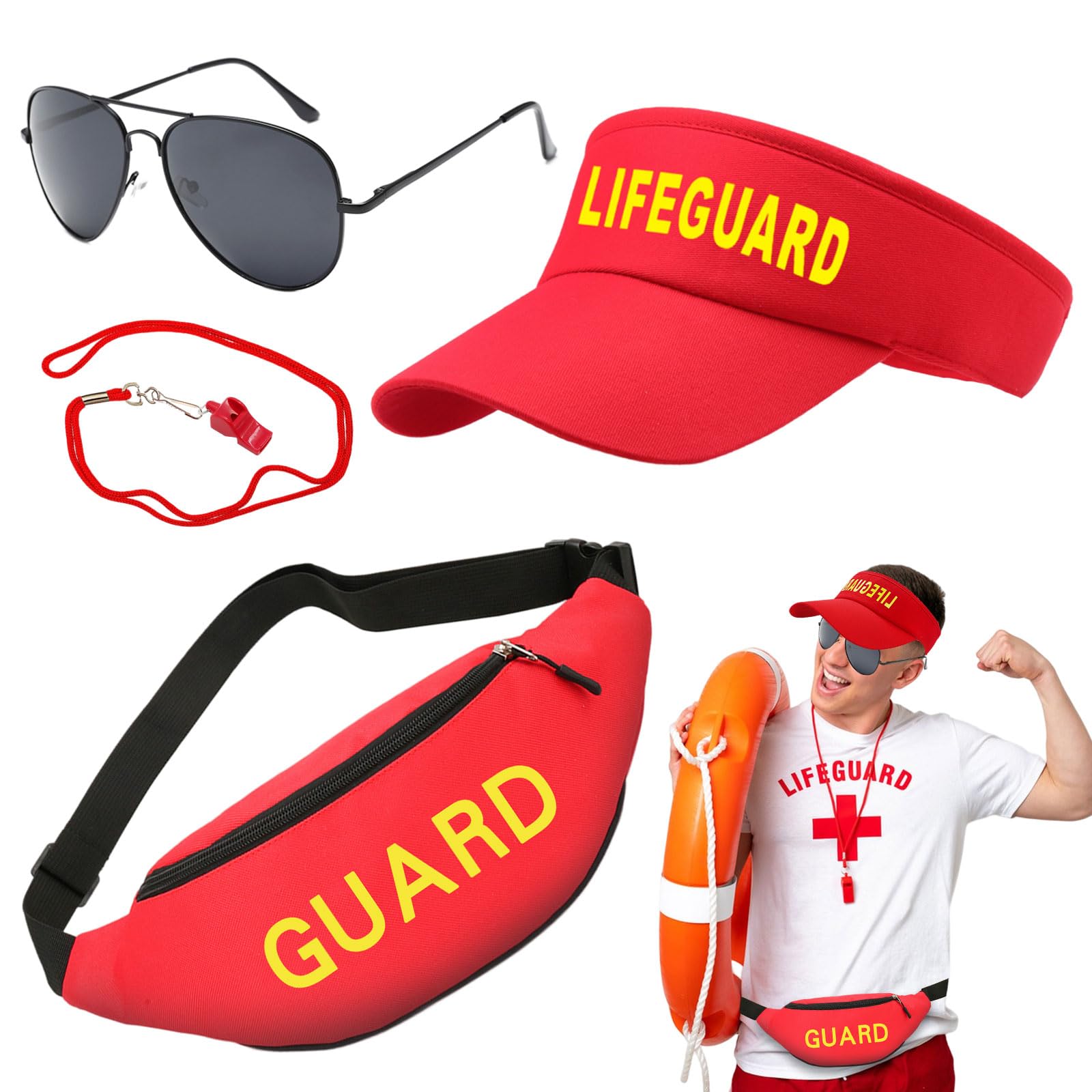 Beamely 4Pcs Life Guard Costume Accessories Set Fancy Dress Include Hat, Fanny Pack, Whistle, Sunglasses Lifeguard Cosplay Outfit Costume for Adults and Teenager, Halloween, Dress up Party