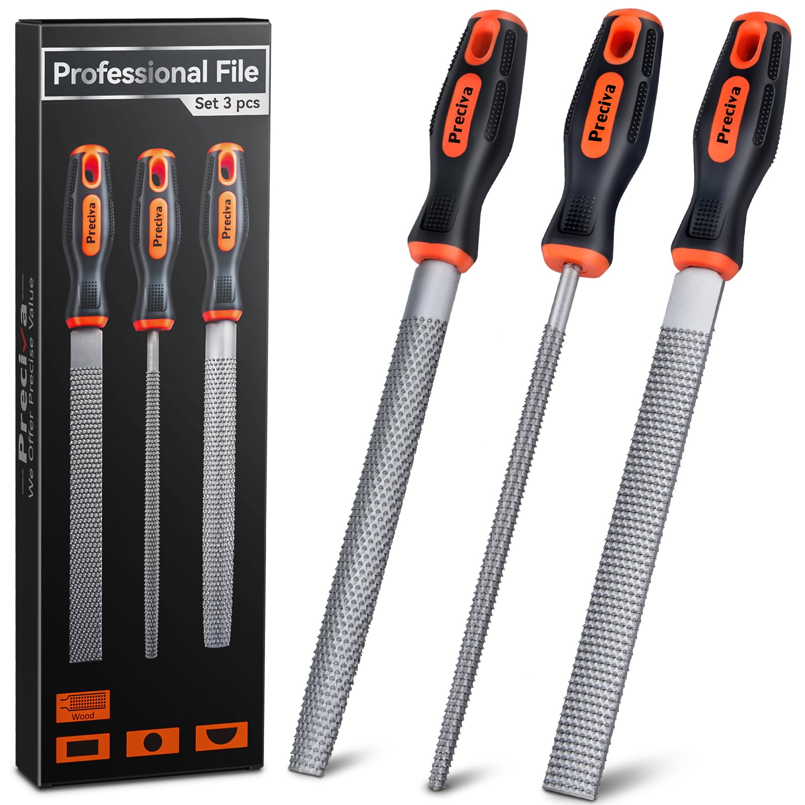 Preciva 3-in-1 Wood Rasp File Tool Set with 3x200mm Flat, Half-Round, Round, High Carbon Steel Woodworking Engineer Files Kit with Soft Grip