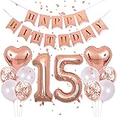 40Inch 15 Balloons Number Birthday Decorations, 15th Birthday Decorations for Girls with Rose Gold Banner Confetti Balloons 1" in Diameter Heart Confetti for 15 Birthday Party Supplies Photo Props